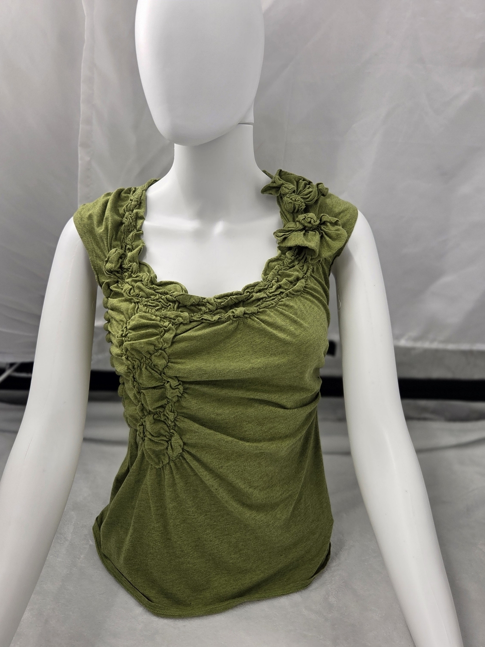 Ruched Floral Rosette Top Green Y2K Boho Smocked Blouse Fairycore Whimisgoth S